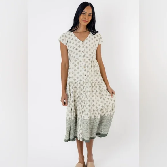 Blu Pepper Geo Print Button-up Midi Dress In Olive - Picture 2 of 7